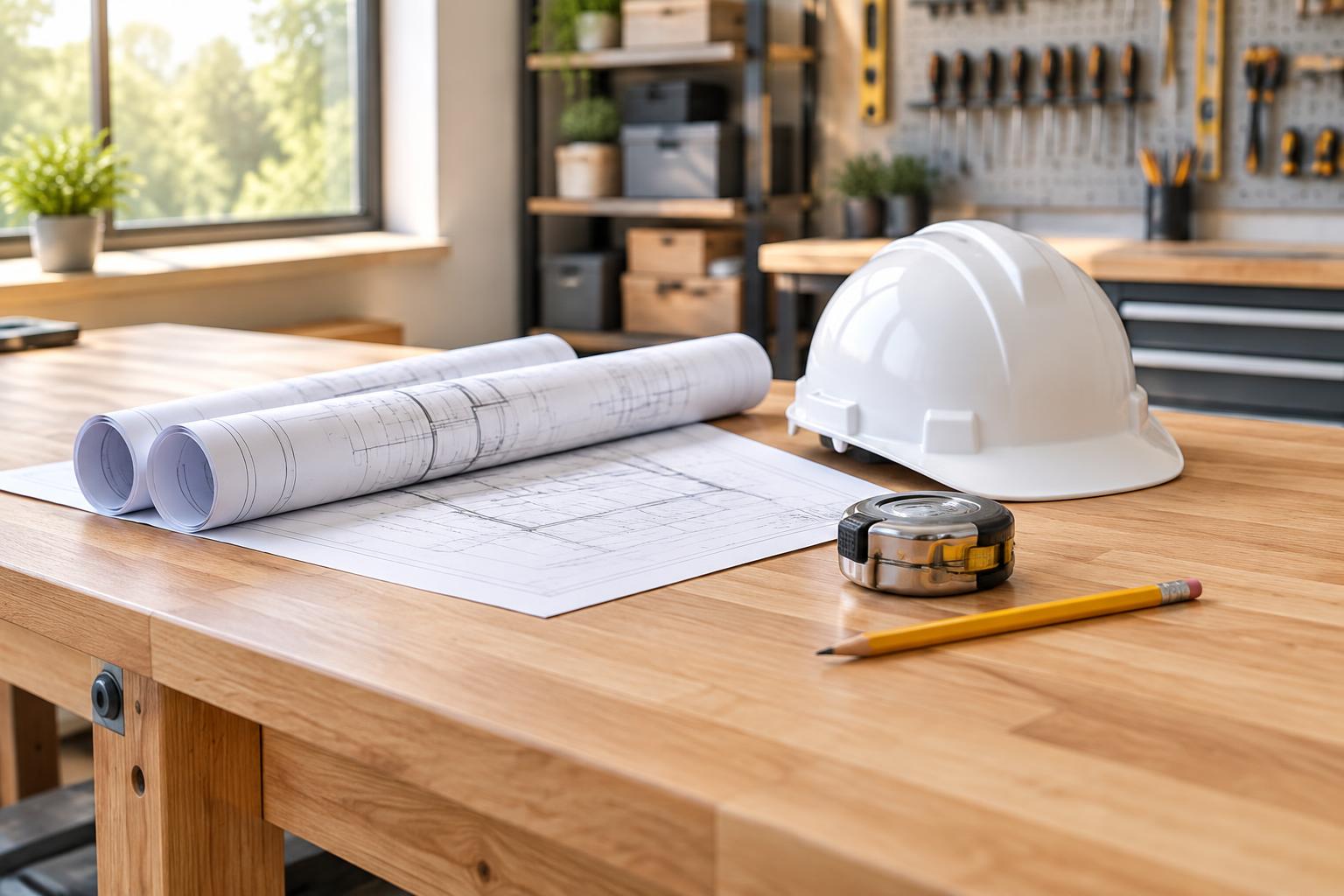 Rolled plans, a hard hat and a tape measure on a workbench