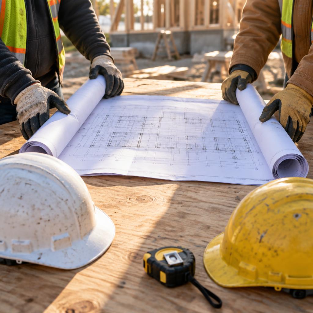 Blueprints and hard hats on a job site table